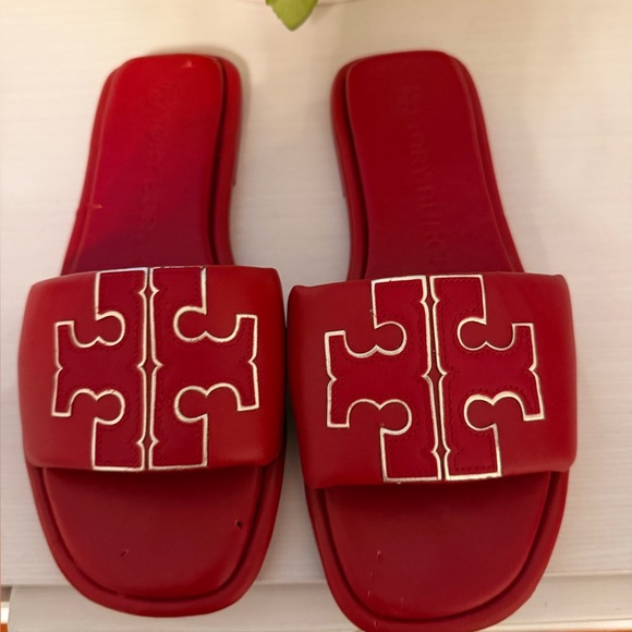 Tory Burch Red Gold Double T Logo Slide Sandals Size 6.5 - Picture 11 of 16